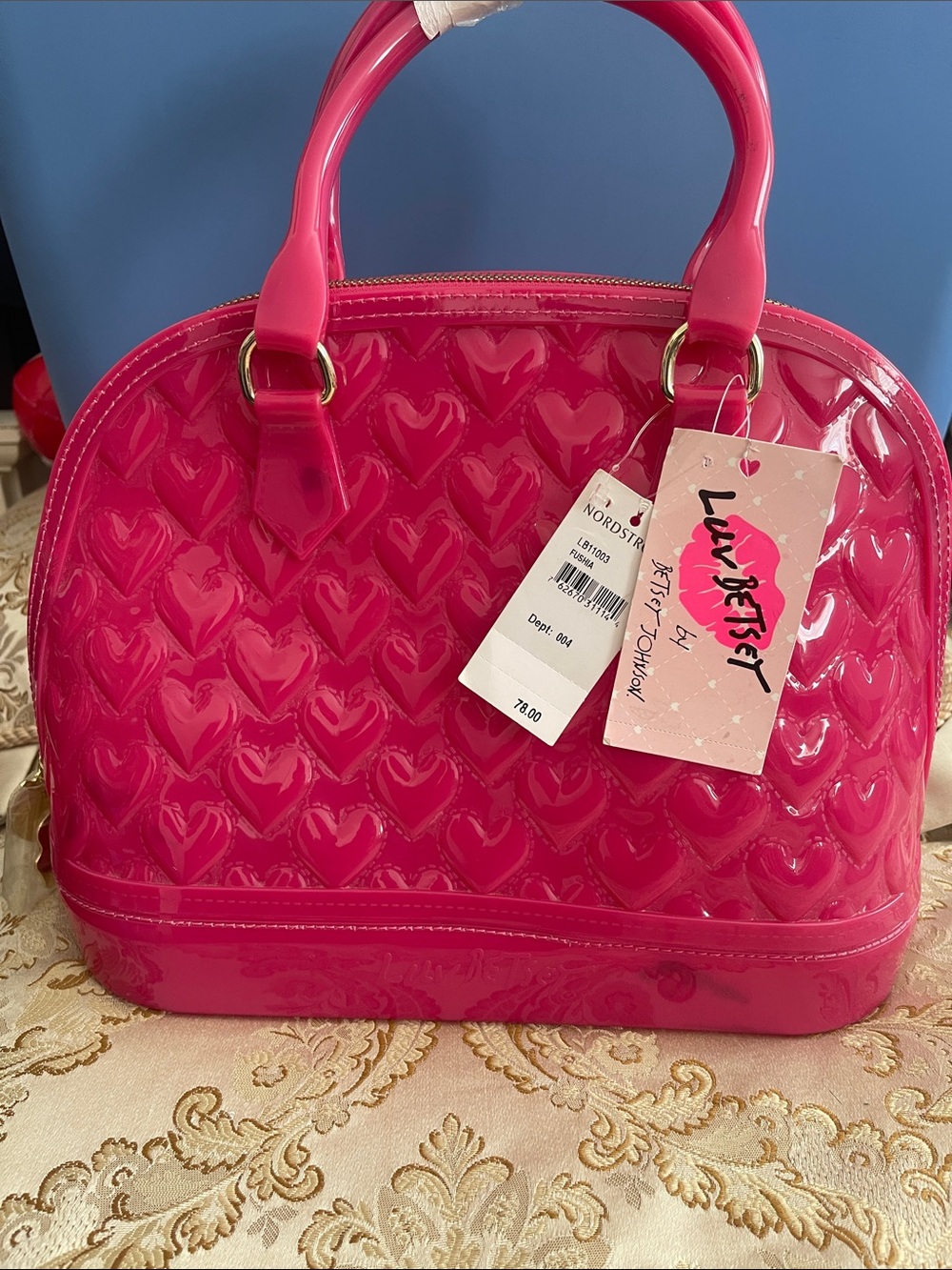 Betsey Johnson Hot Pink Patent Heart-Embossed Satchel